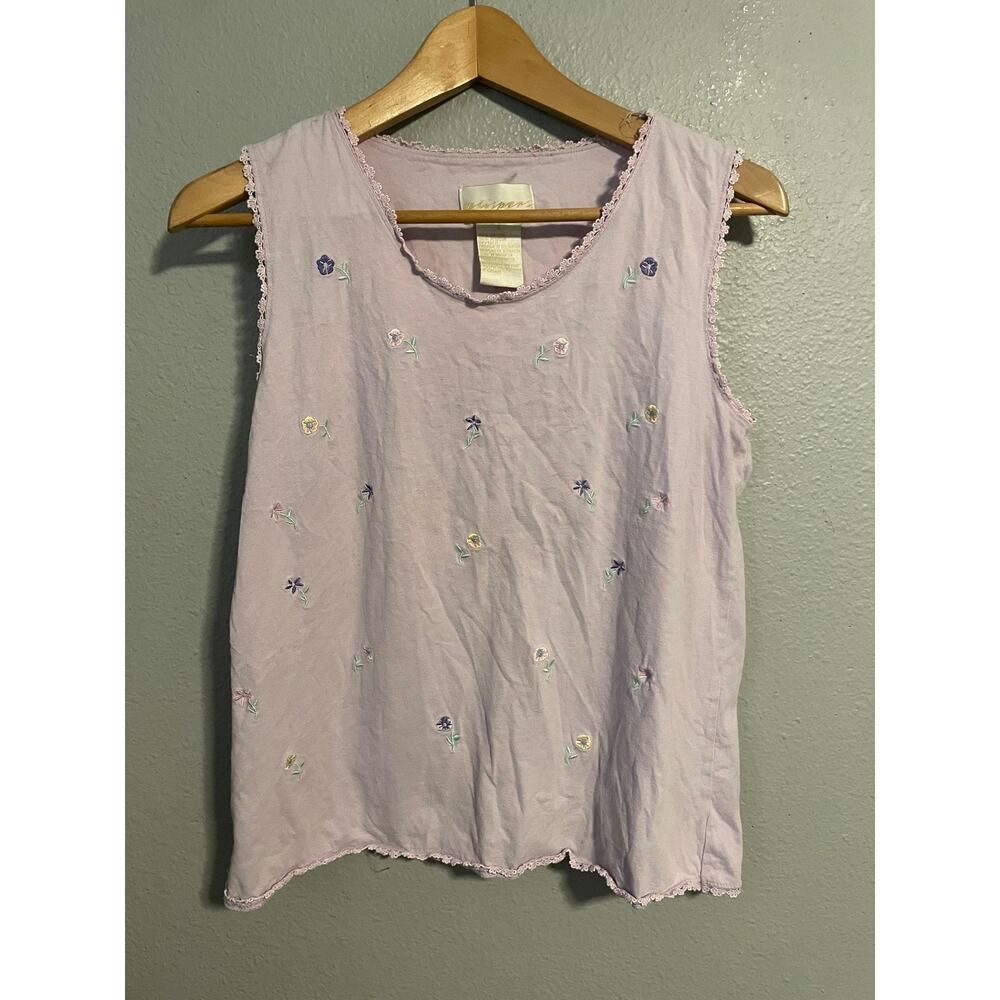 Vintage Whispers Tank Top Womens Small Purple Floral Embroidered Cottage Fairy